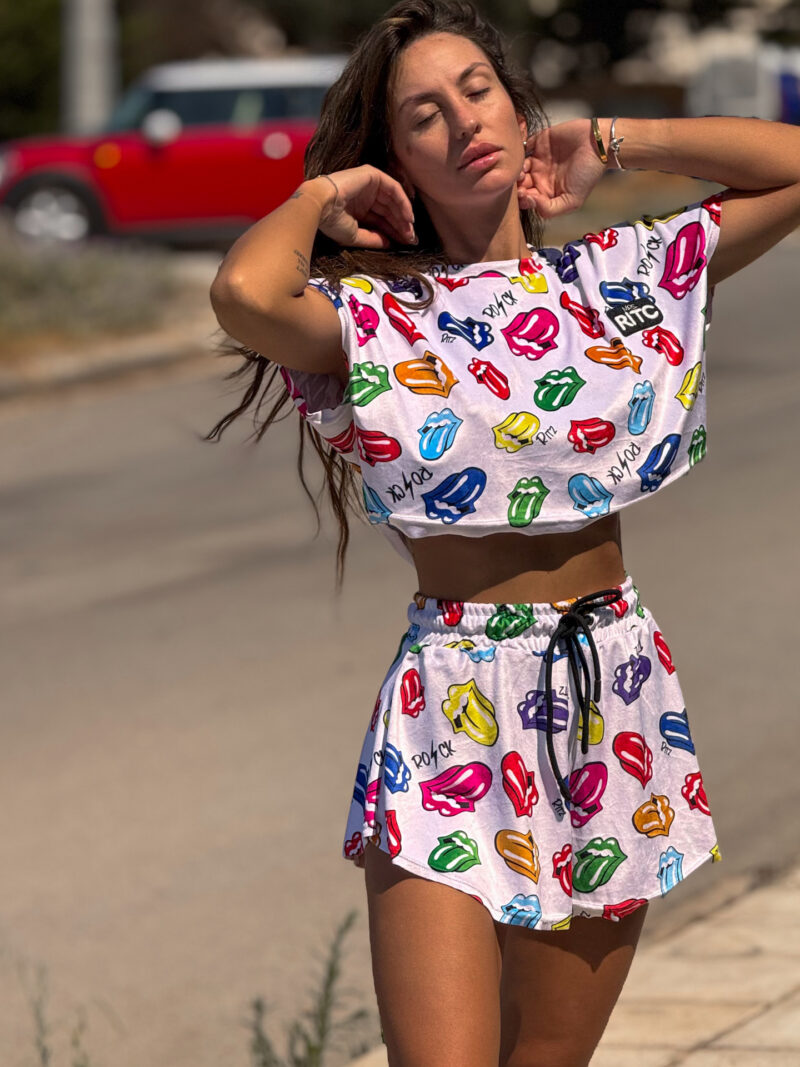 Βελουτέ Σετ Shorts Greta White Tongues Print - Image 5