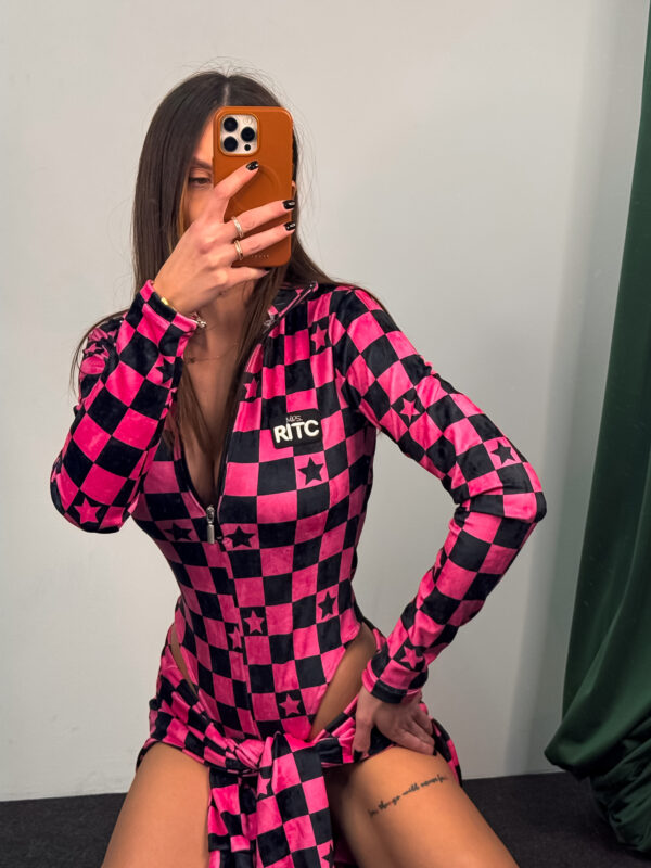 Βελουτέ Κορμάκι Lexie Hot Pink and Black Checkerboard Star Print