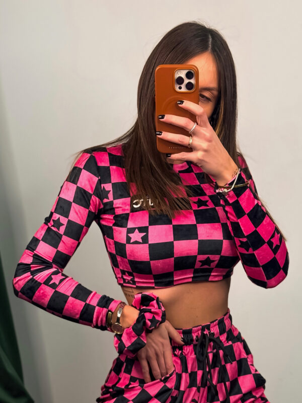 Βελουτέ Crop Top Nina Hot Pink and Black Checkerboard Print