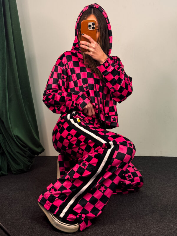 Fashion Limousine | Velvet Hoodie Set Amelia Hot Pink and Black Checkerboard Star Print