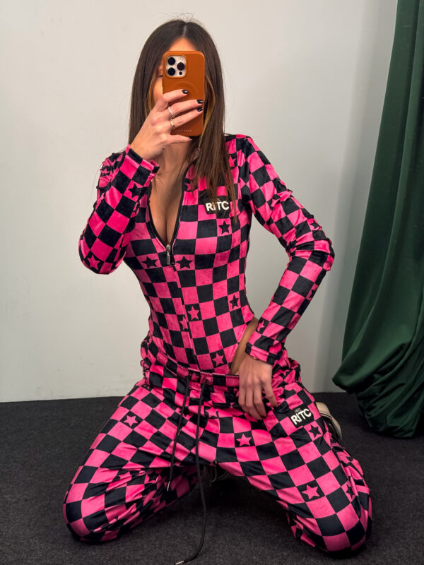 Βελουτέ Bodysuit Set Gianna Hot Pink and Black Checkerboard Star Print
