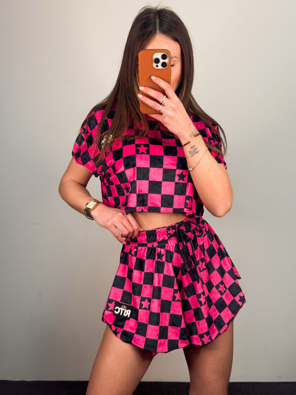 Βελουτέ Σετ Shorts Greta Pink Black Checkerboard Print