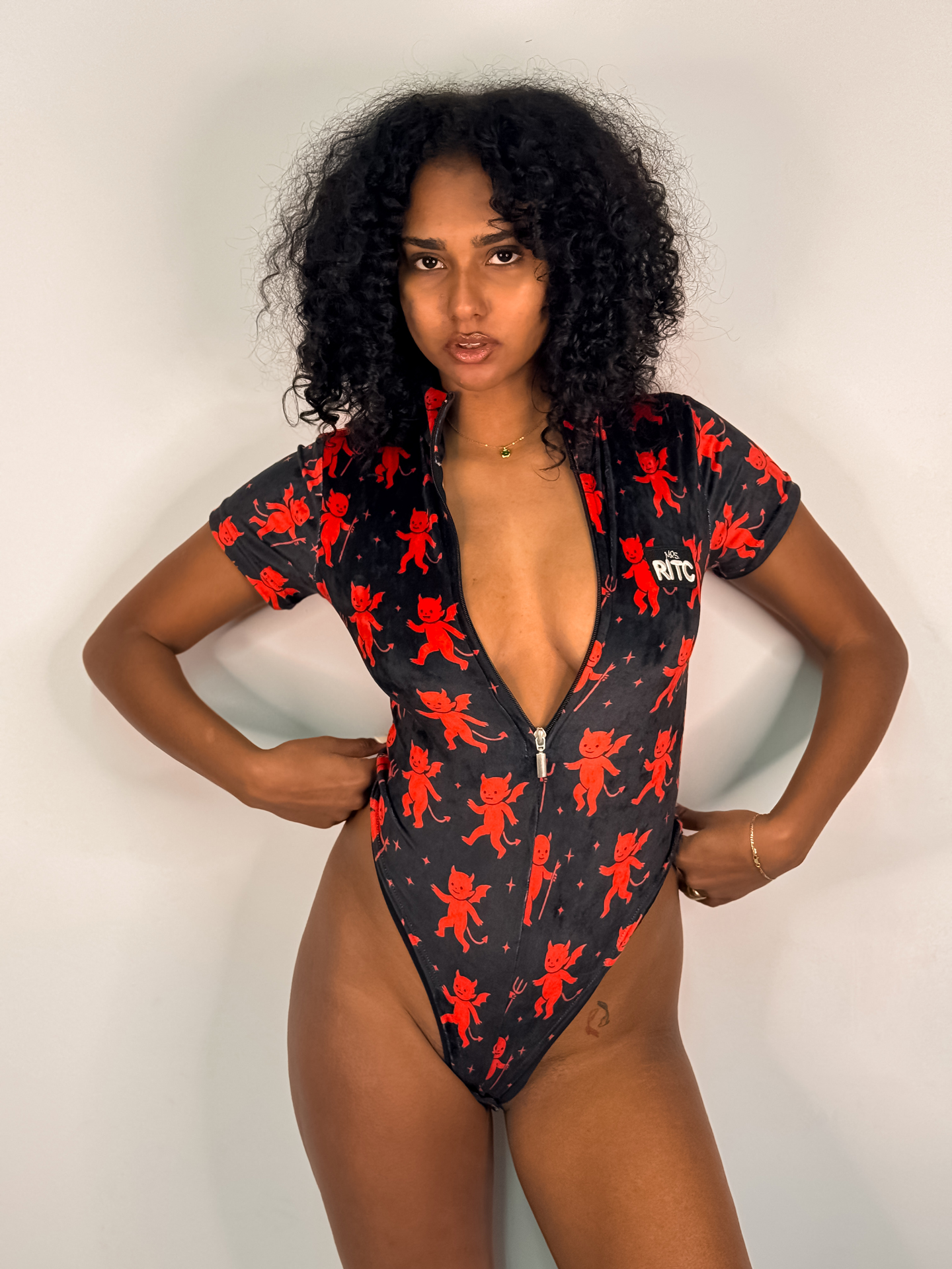 Velvet Bodysuit Lexie Black - Red Devil Print - Image 2