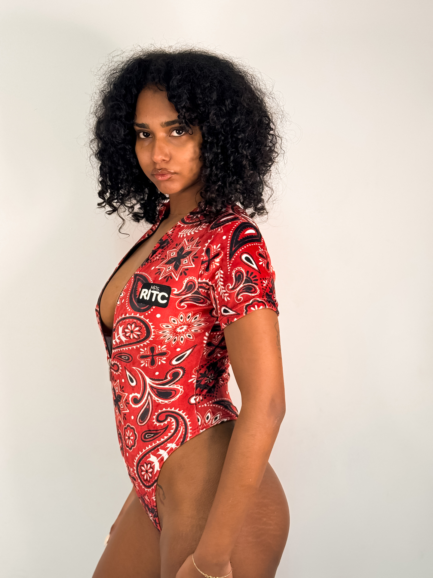 Velvet Bodysuit Lexie Red Bandana Paisley Print - Image 3