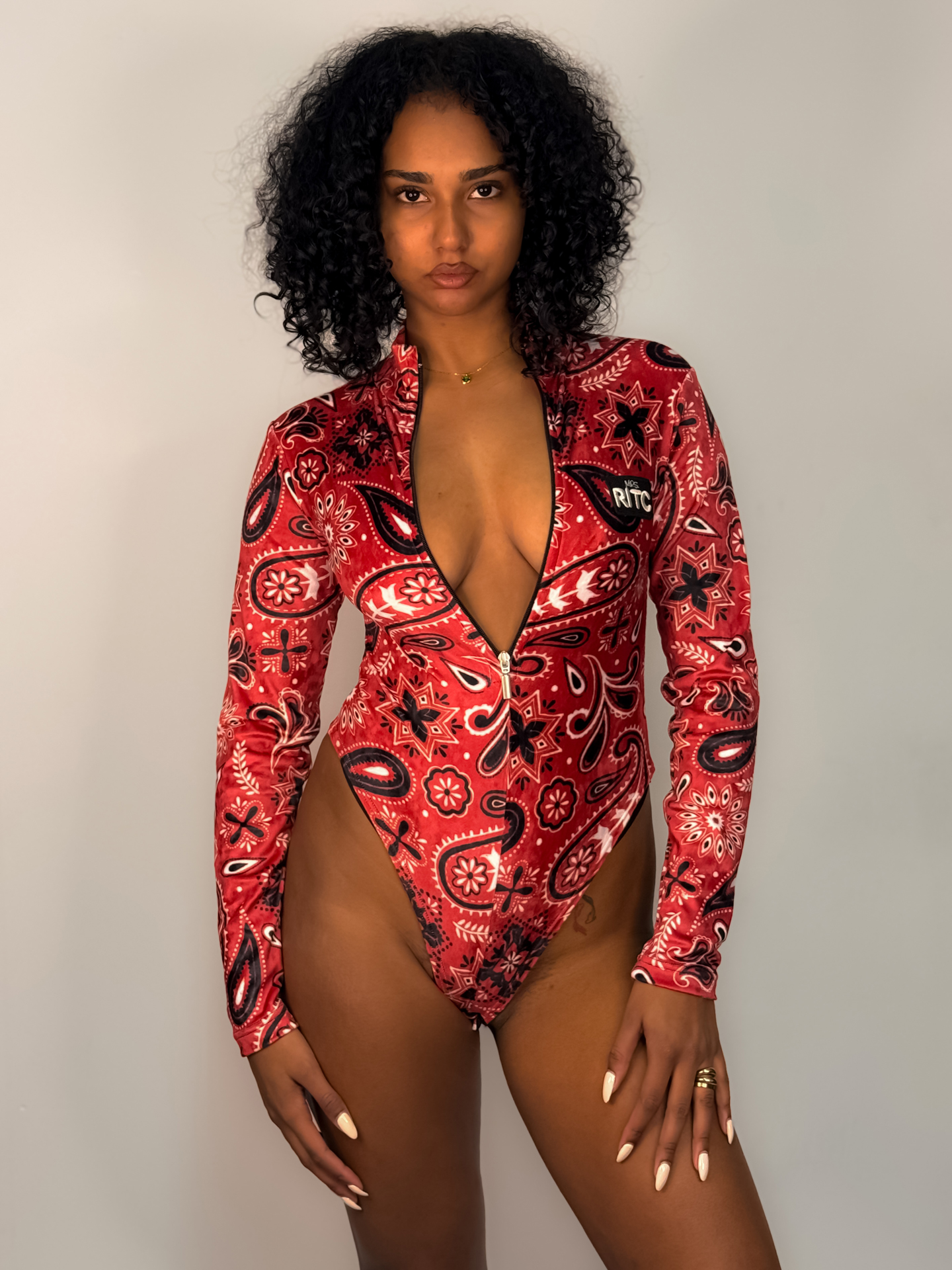 Velvet Bodysuit Lexie Red Bandana Paisley Print - Image 5