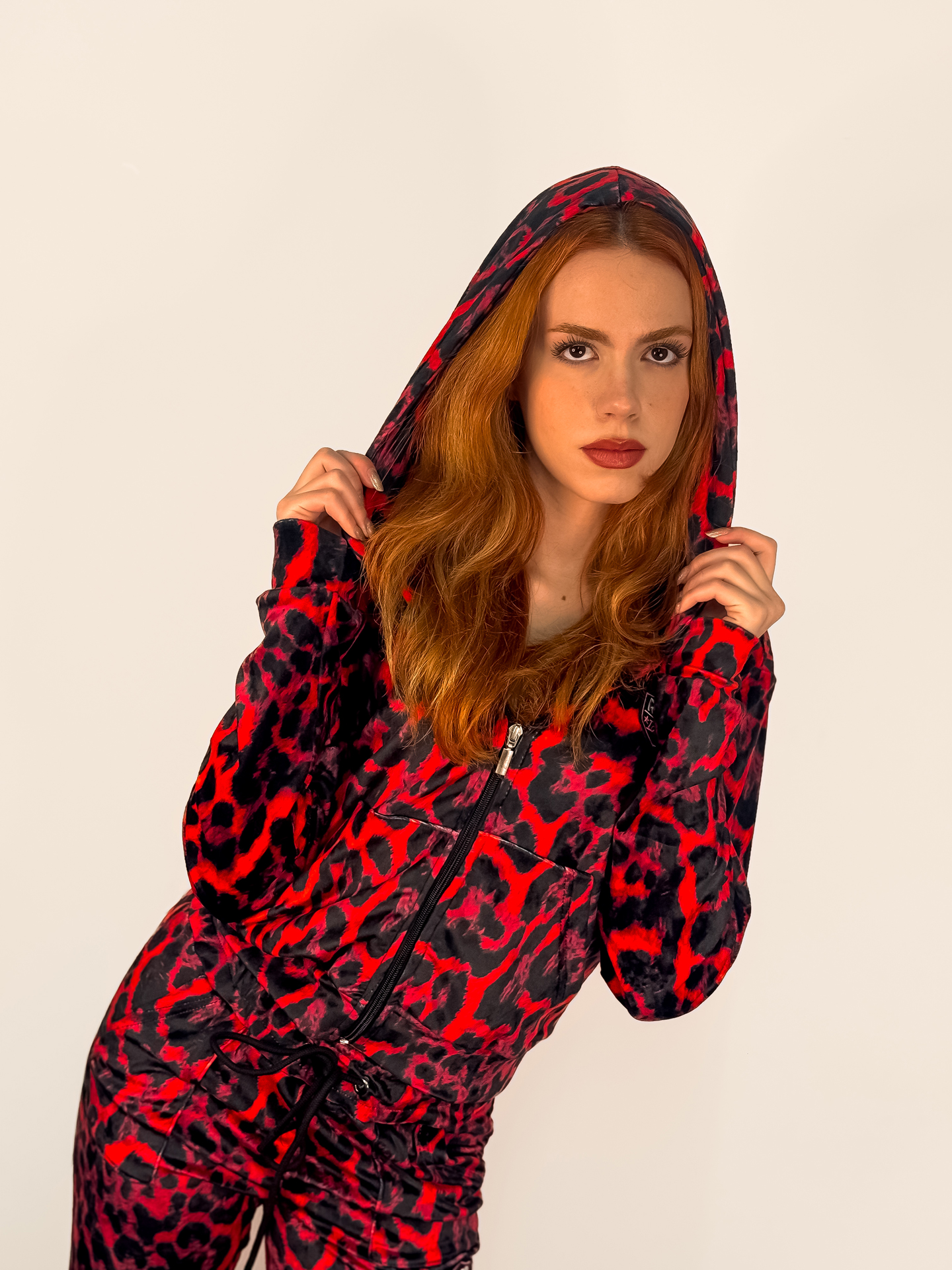 Velvet Hoodie Vivian Red Leopard Print