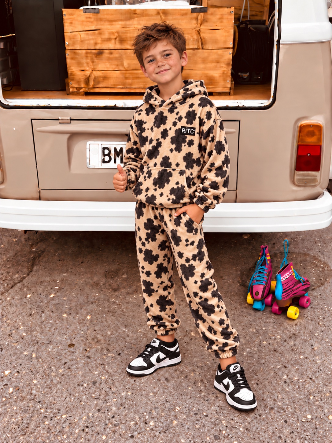 Παιδικό Βελουτέ Σετ Trinity Beige Cow Print φορεμένο από αγόρι με Nike Dunk Low