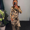 Βελουτέ Σετ Nina Beige Cow Print με Μακρυμάνικο Κορμάκι